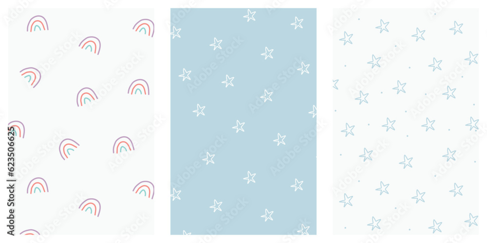 Cute sky seamless pattern set. Simple nursery art for baby. White and blue stars and rainbow on blue and white background. Vector illustration. Cute sky seamless pattern set. Simple nursery art for baby. White and blue stars and rainbow on blue and white background. Vector illustration.