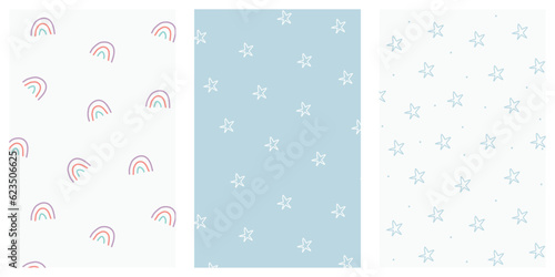 Cute sky seamless pattern set. Simple nursery art for baby. White and  blue stars and rainbow on blue and white background. Vector illustration.