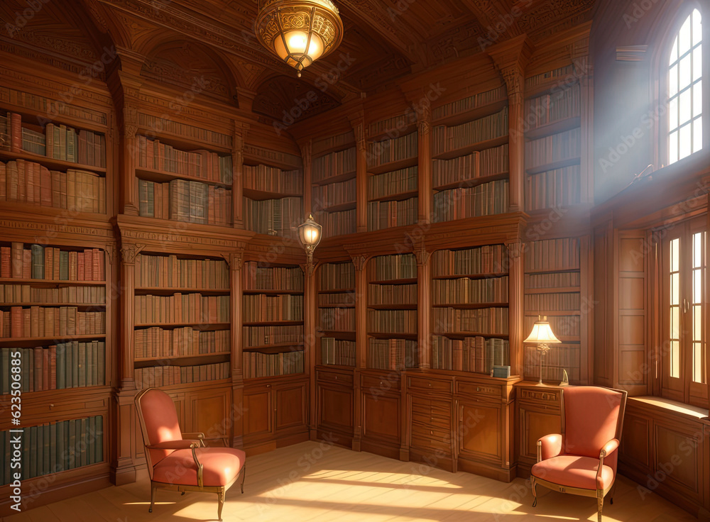 Antique library with bookshelves. Ai generated
