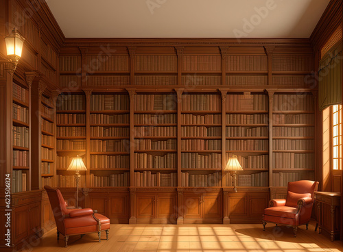 Antique library with bookshelves. Ai generated