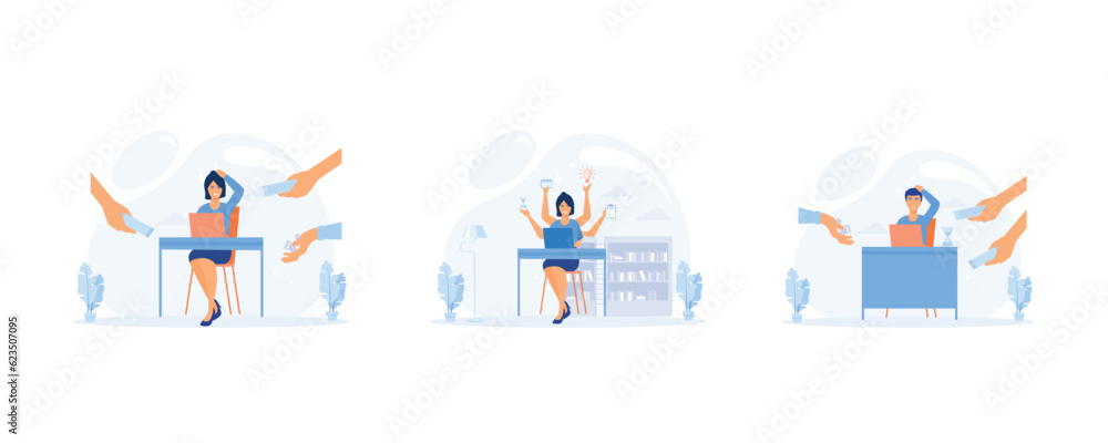 Multitasking and Time Management Concept.  Planning and Scheduling, Business Man Surrounded by Hands with Office Things, set flat vector modern illustration