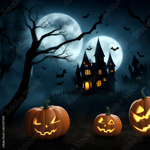 2023 Halloween night in fantasy style. Happy Halloween background with scary pumpkin in graveyard with haunted house and full moon. Illustration for Happy Halloween card, flyer and poster.