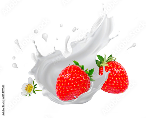 Splash and drops yogurt, milk, ice cream from falling ripe strawberries isolated