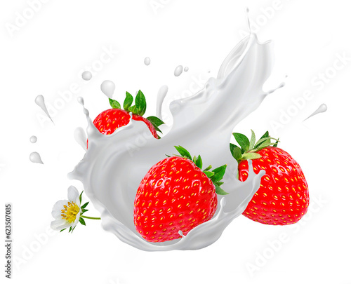 Splash and drops yogurt  milk  ice cream from falling ripe strawberries isolated