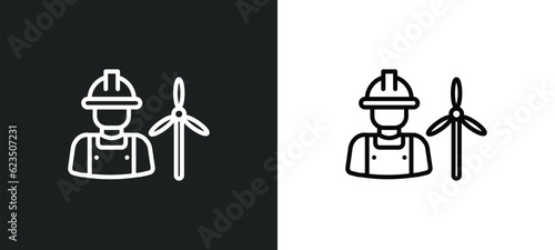 wind turbine technician icon isolated in white and black colors. wind turbine technician outline vector icon from professions collection for web, mobile apps and ui.