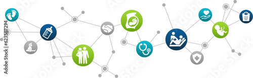 Obstetrics / midwifery / pregnancy vector illustration. Colorful concept with icons related to childbirth & delivery, maternity healthcare & check-up, obstetrician consultation & examination.