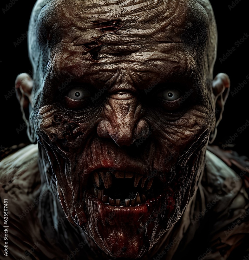 Shocking realistic face of a dangerous zombie - obrazy, fototapety, plakaty 