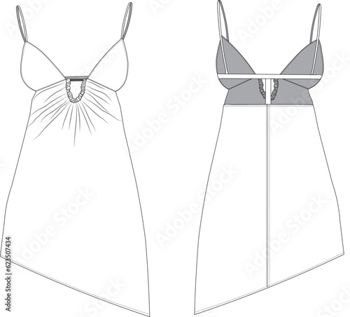 asymmetric shoulder straps dress technical drawing flat sketch fashion