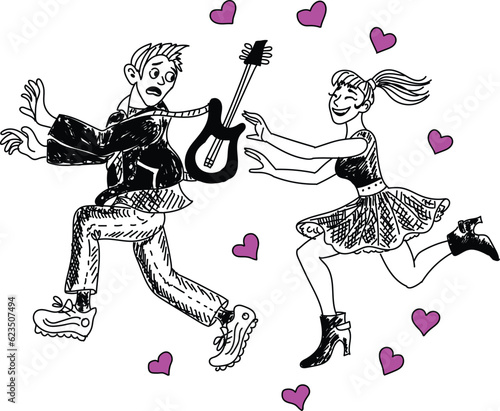 Girl is chasing a guy. Crazy fan chases a rock-idol. Black, white and pink caricature about stalking selebrities. Fan's harrasment of popular rock-star, singer.Tiresome love. Scared man runs away.