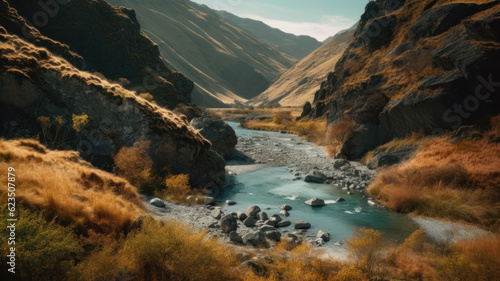 Skippers Canyon, river in mountainous landscape. Generative AI