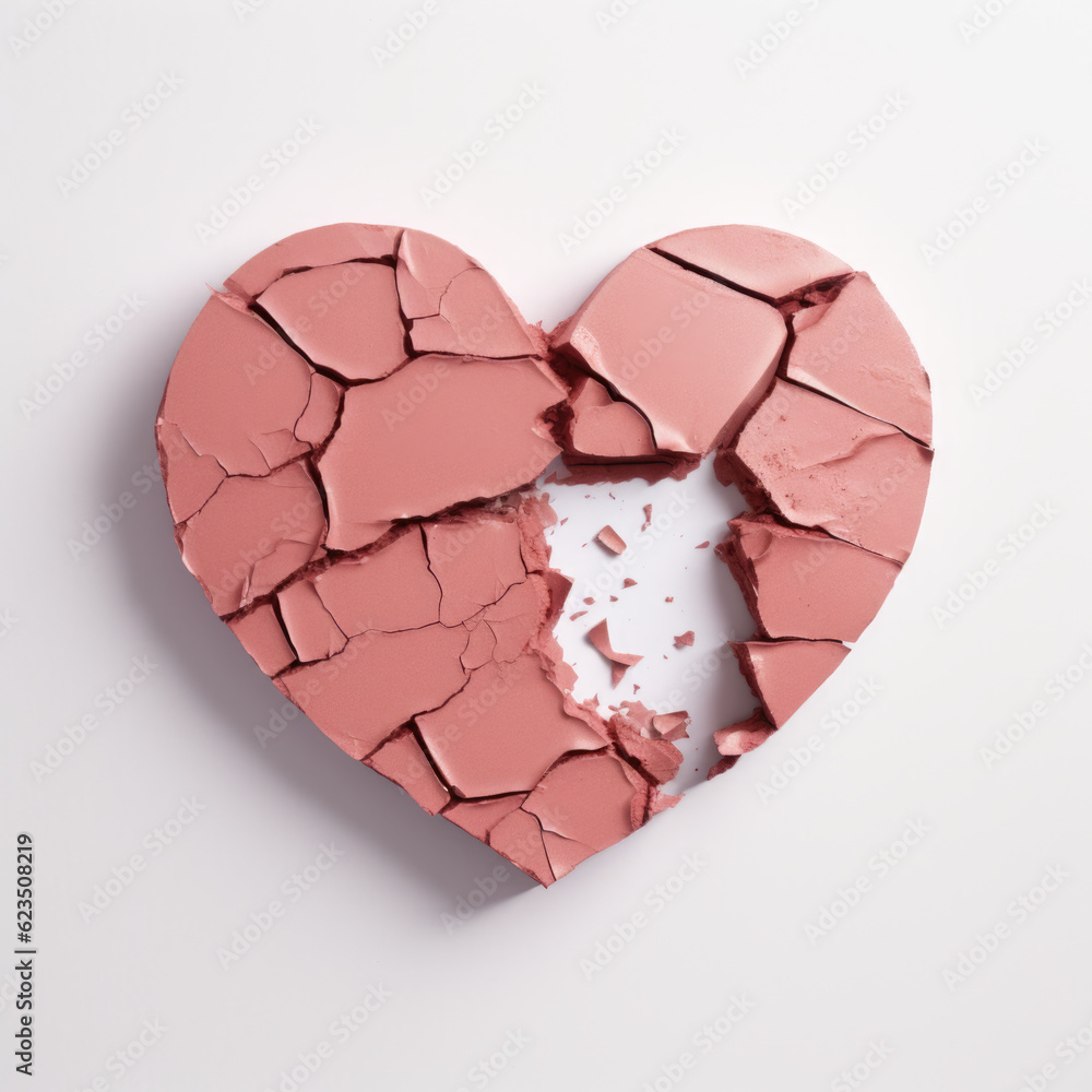 A broken pink heart on a white surface. Generative AI. Broken heart. A broken pink heart on a white surface. Generative AI. Broken heart.