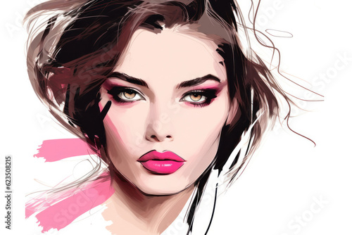 Beautiful young woman model face portrait. Glamour girl makeup fashion illustration. Stylish art sketch. Beauty and style vector drawing.