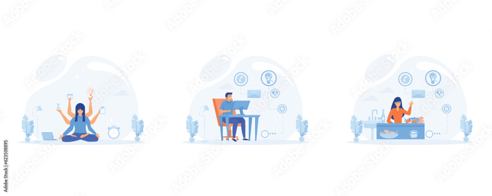 Multitasking. Time management. house work and business career. Overloaded person in pressure. set flat vector modern illustration Multitasking. Time management. house work and business career. Overloaded person in pressure. set flat vector modern illustration