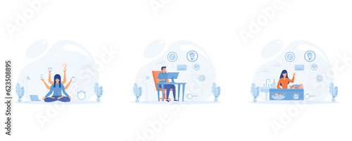 Multitasking. Time management. house work and business career. Overloaded person in pressure. set flat vector modern illustration