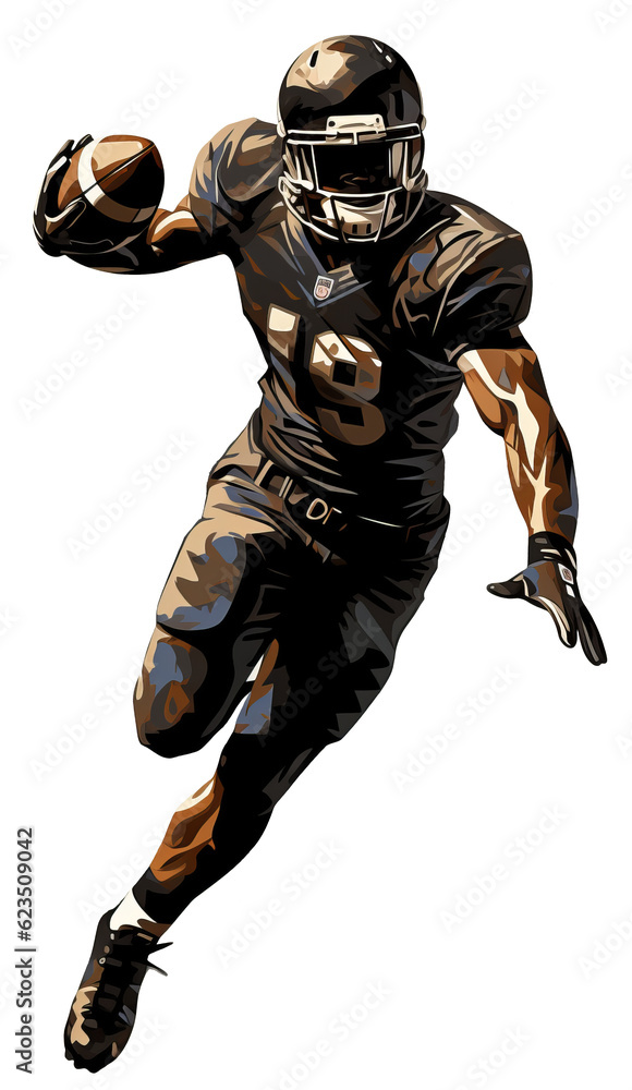 An American football player runs and holds the ball in one hand. Watercolor paint. Transparent isolated background An American football player runs and holds the ball in one hand. Watercolor paint. Transparent isolated background