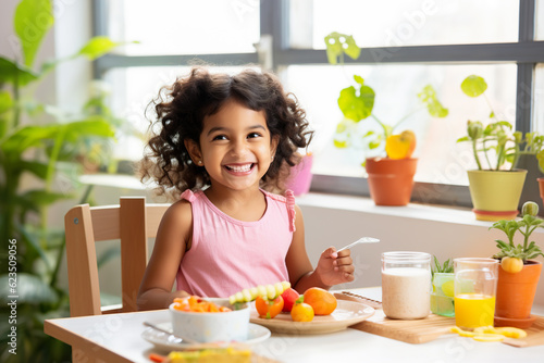 Happy little girl eating healthy breakfast at table in kitchen.