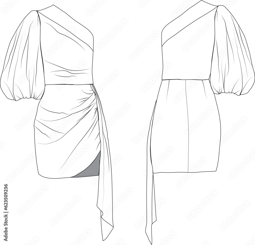 Asymmetric balloon sleeve mini dress, Fashion Technical Drawings, Dress
