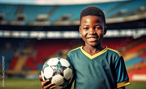 Afro-american boy holding football ball with his hands © zakiroff