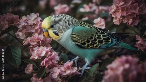 Parakeet feeding on pink flowers Generative AI