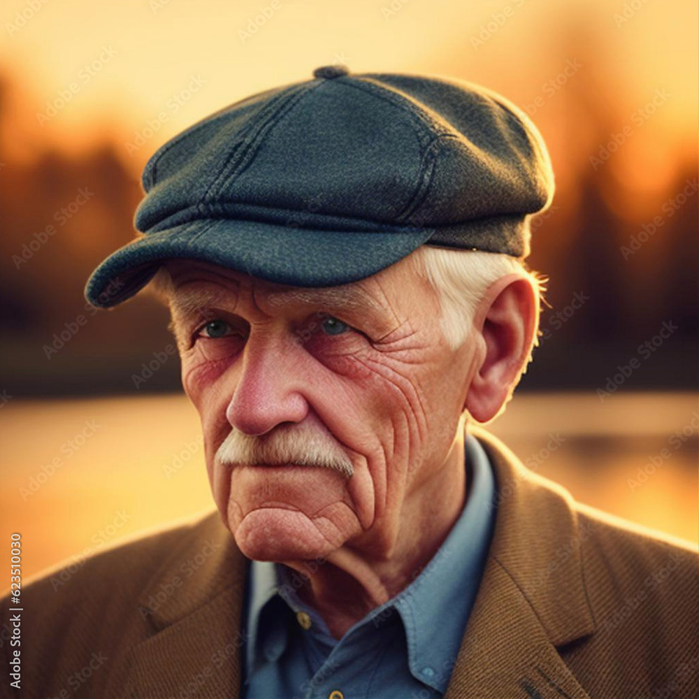 Close up atmospheric portrait of an elderly man wearing a cap. Generative AI Close up atmospheric portrait of an elderly man wearing a cap. Generative AI