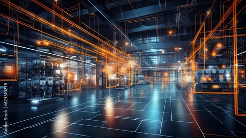 Abstract scene from smart factory, data-connected machines, seamless interaction of technology and automation in modern manufacturing. Revolution in industrial efficiency. Generative AI.