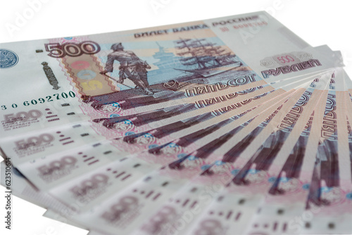 Fotografi a lot of 500 banknotes of Bank of Russia on white background Russian rubles spin