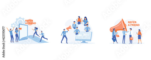 Refer a friend concept, Business partnership strategy, Social media marketing, Friend sharing refer, set flat vector modern illustration