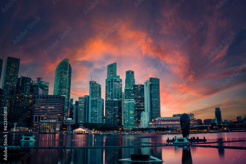 Singapore Skyline in the evening with a dramatic sunset.