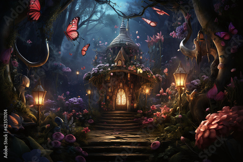 Magisches Haus mit bezaubernder nächtlicher Atmosphäre mit Laternen und seichten LIcht im Wald, 1, Ai generiert