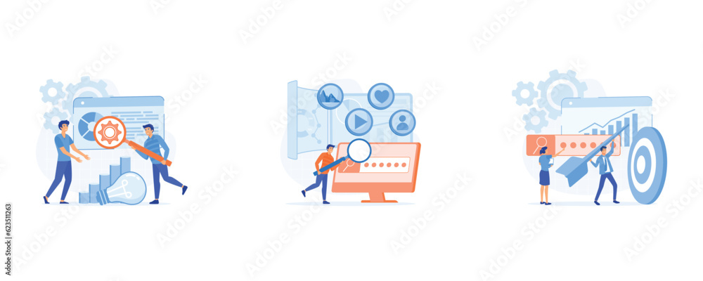 Seo targeting and performance concept, marketing and seo strategy, market trends and planning seo optimization, set flat vector modern illustration
