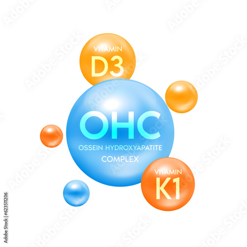Vitamin D3, K1 and calcium minerals help treat osteoporosis. Ossein hydroxyapatite complex natural nutrients extracted from bovine bones food supplement bone joints. Medical concepts. 3D Vector.