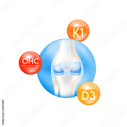 Leg bone knee cartilage human skeleton anatomy. Vitamin D3, K1 and Ossein hydroxyapatite complex extracted from bovine bones help treat osteoporosis. Medical concepts. 3D Vector.