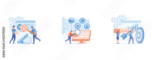 Seo targeting and performance concept, marketing and seo strategy, market trends and planning seo optimization, set flat vector modern illustration