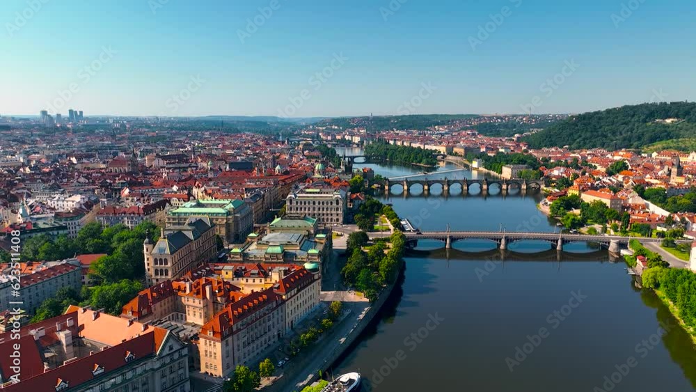 Aerial view of Prague, a capital city of the Czech Republic, is bisected by the Vltava River, Europe Aerial view of Prague, a capital city of the Czech Republic, is bisected by the Vltava River, Europe