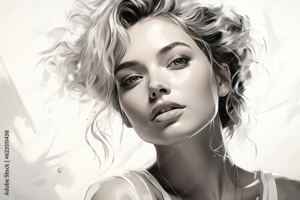 Fototapeta premium Beautiful young woman model face portrait. Glamour girl makeup fashion illustration. Stylish art sketch. Beauty and style vector drawing.