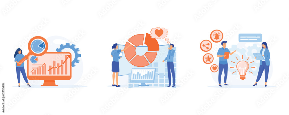 Fototapeta premium Targeting strategy concept, Marketing research, competitor research, consumer behaviour, focus group, survey agency, target audience, set flat vector modern illustration