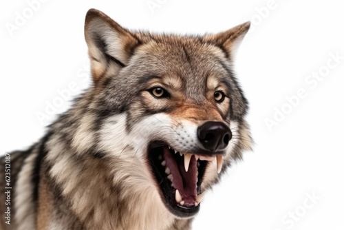 Close-up of the grin of an evil wolf on a white background.