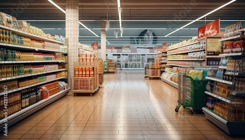 Hypermarket or supermarket with various product on the shelves © Rumi X