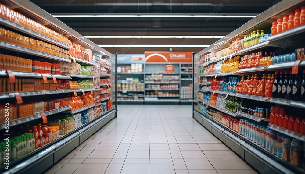 Hypermarket or supermarket with various product on the shelves