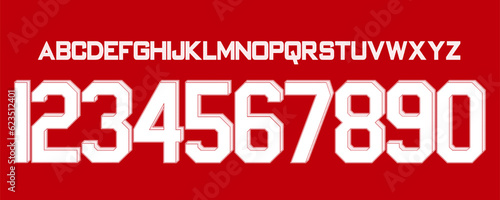 font vector team 2023 - 2024 kit sport style font. arsenal football style font. premier league.gunners soccer. sports style letters and numbers for soccer team photo