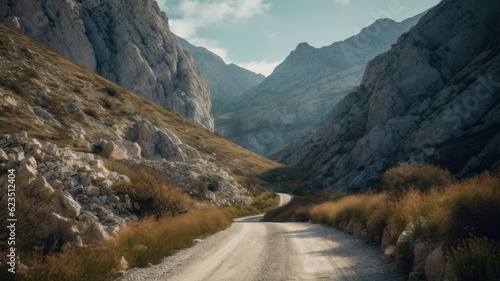 Road curving up through limestone pass. Generative AI