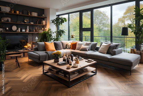 A living room of a beautiful bright modern Scandinavian style house with large windows opening, generative AI 