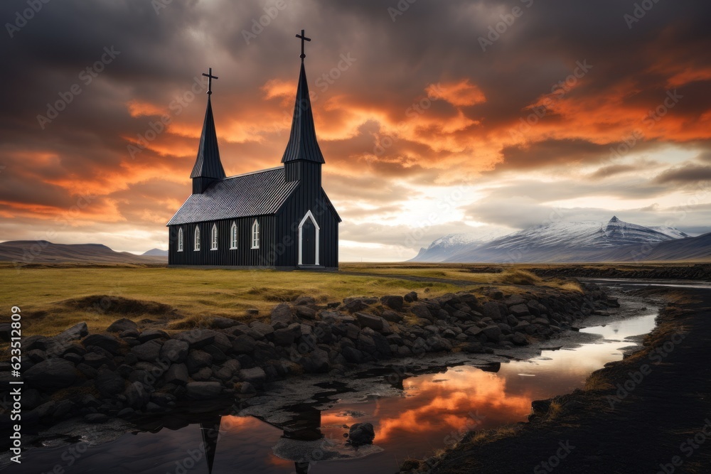 Obraz premium Timelapse of a black wooden church in front of a mountain range in Budir, Iceland.