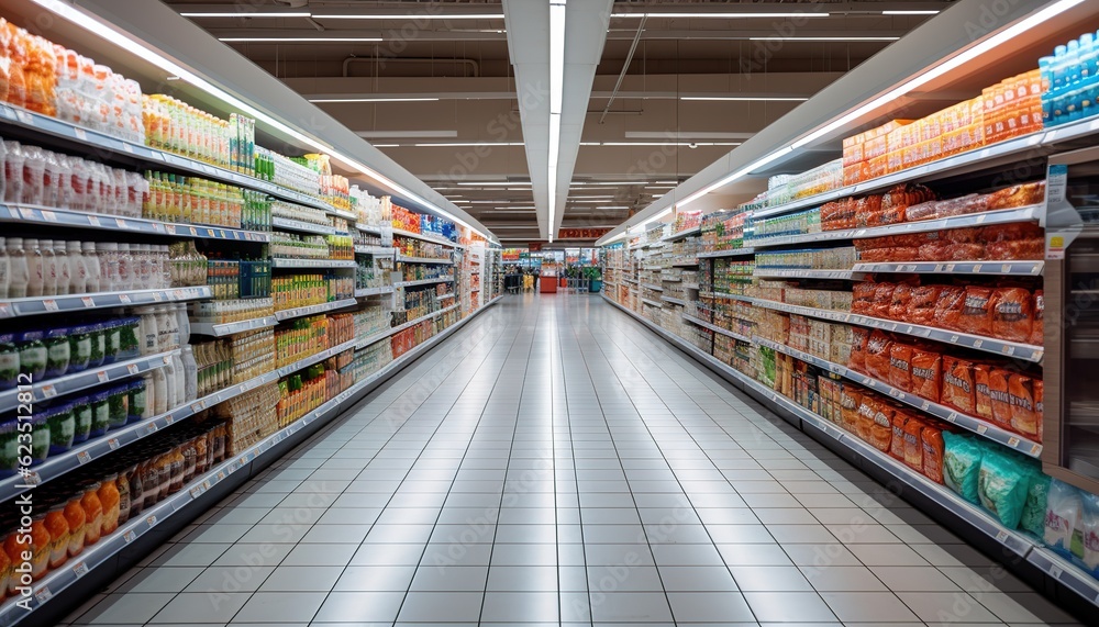 Hypermarket or supermarket with various product on the shelves