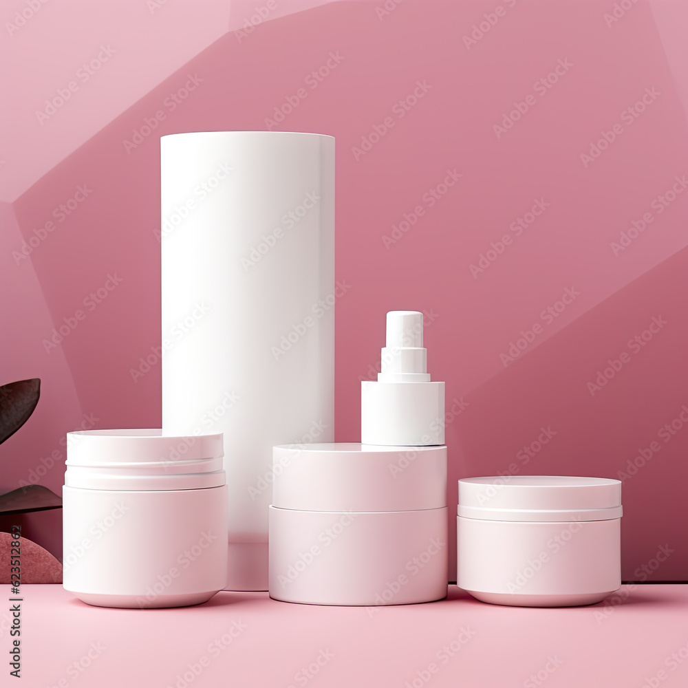 Blank white cosmetic skincare makeup containers on pink background Blank white cosmetic skincare makeup containers on pink background