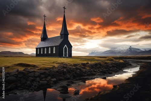 Timelapse of a black wooden church in front of a mountain range in Budir, Iceland. © sirisakboakaew