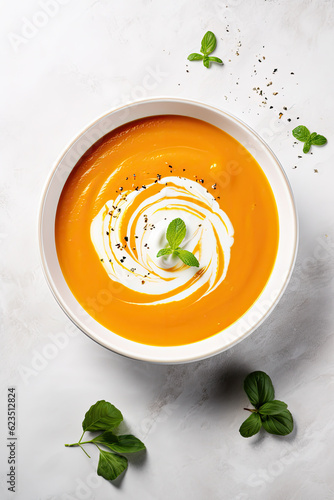 Traditional pumpkin soup with cream in bowl on white marble. Top view