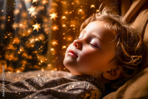 Dreamland Serenity: Child Sleeping Amidst Golden Stars - generative ai