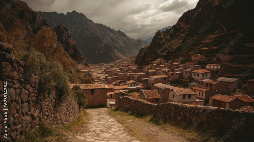 Scenic view of a Peruvian townscape against sky. 
 Generative AI