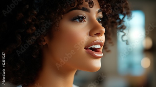 Female mouth with snow-white teeth and lipstick close-up. The African American girl opened her mouth in surprise. Healthy teeth and fresh breath. Oral health concept. AI generation